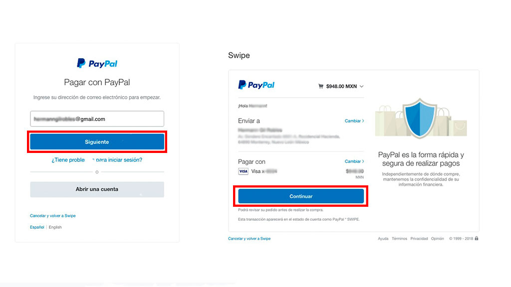 Ingresa el usuario y contraseña de tu cuenta en PayPal. Confirma que los datos estén correctos y da clic en Continuar.